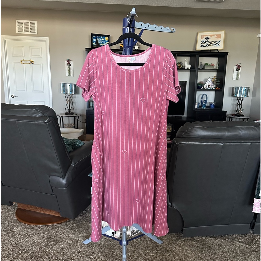 LulaRoe pink striped with hearts short sleeve Dress with pockets. Size Medium
